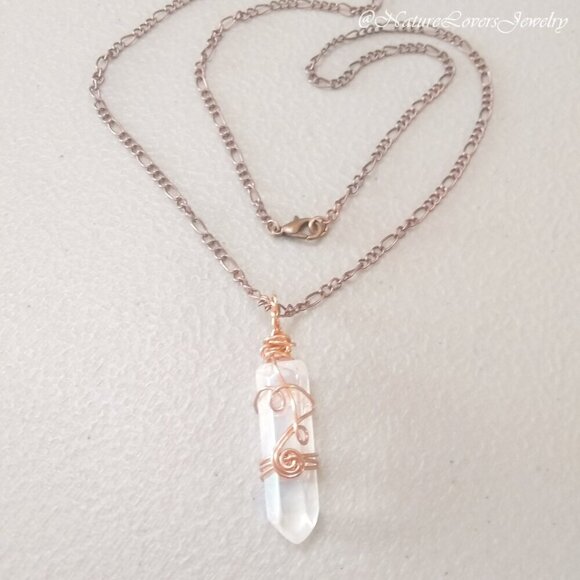 Clear Angel Aura Quartz Necklace - Handmade - Wire Wrapped - Copper Chain 22" - Picture 2 of 12